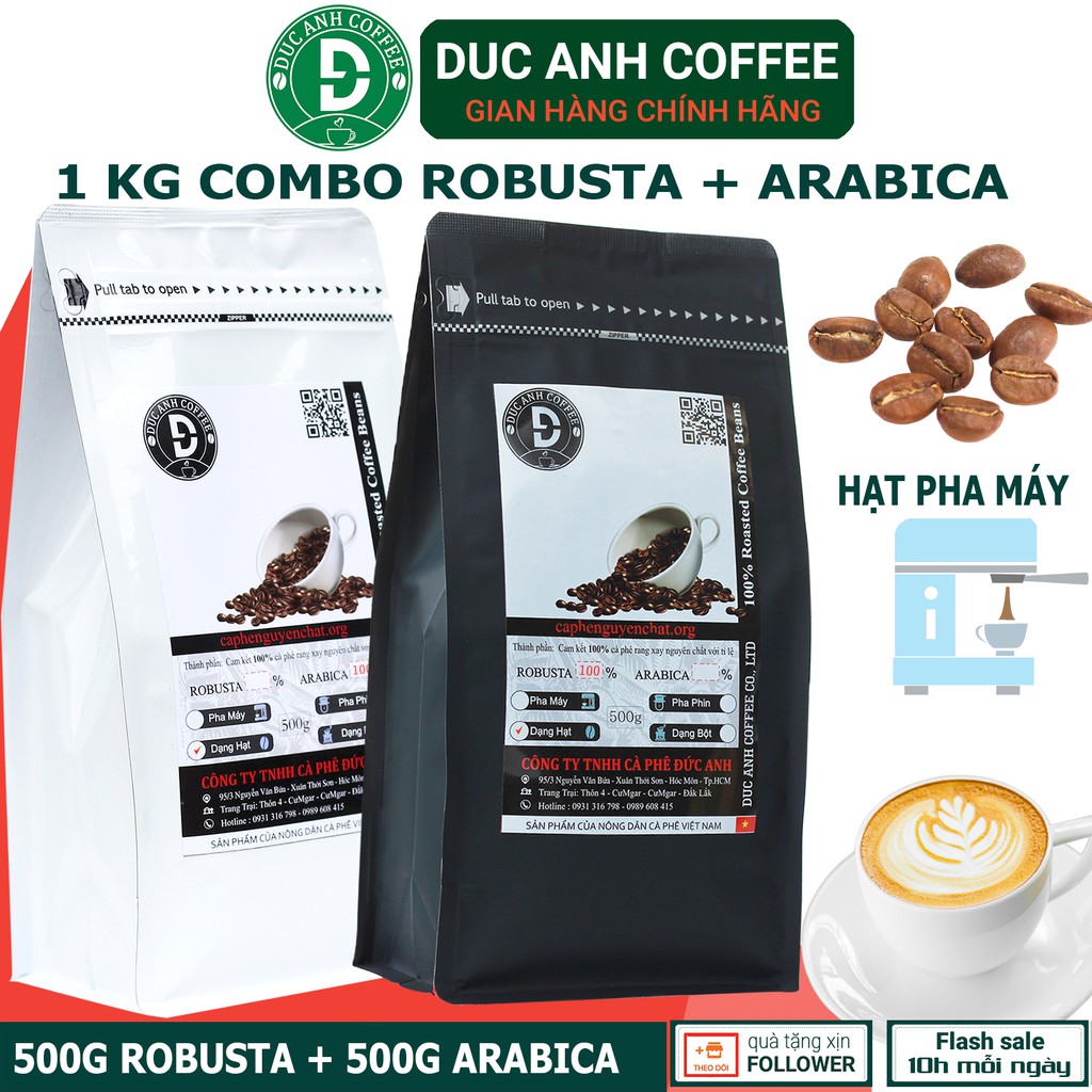 Combo 1Kg Hạt pha Máy Robusta + Arabica ( Robusta 500g + Arabica 500g ) - Cà Phê Đức Anh Hạt Rang Mộc