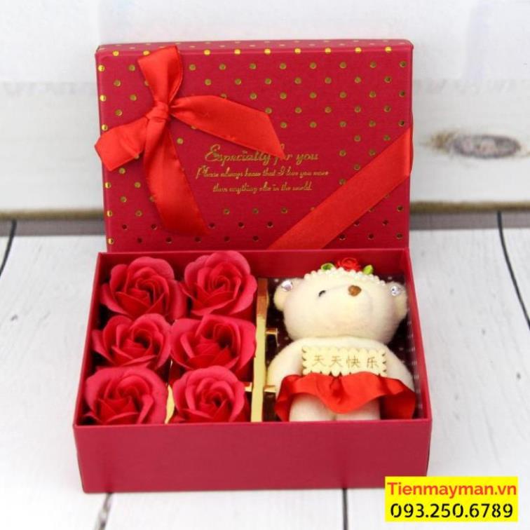 Hộp hoa hồng sáp thơm 6 bông kèm gấu siêu kute, tặng kèm thiệp chúc mừng - MÀU ĐỎ LÃNG MẠNG