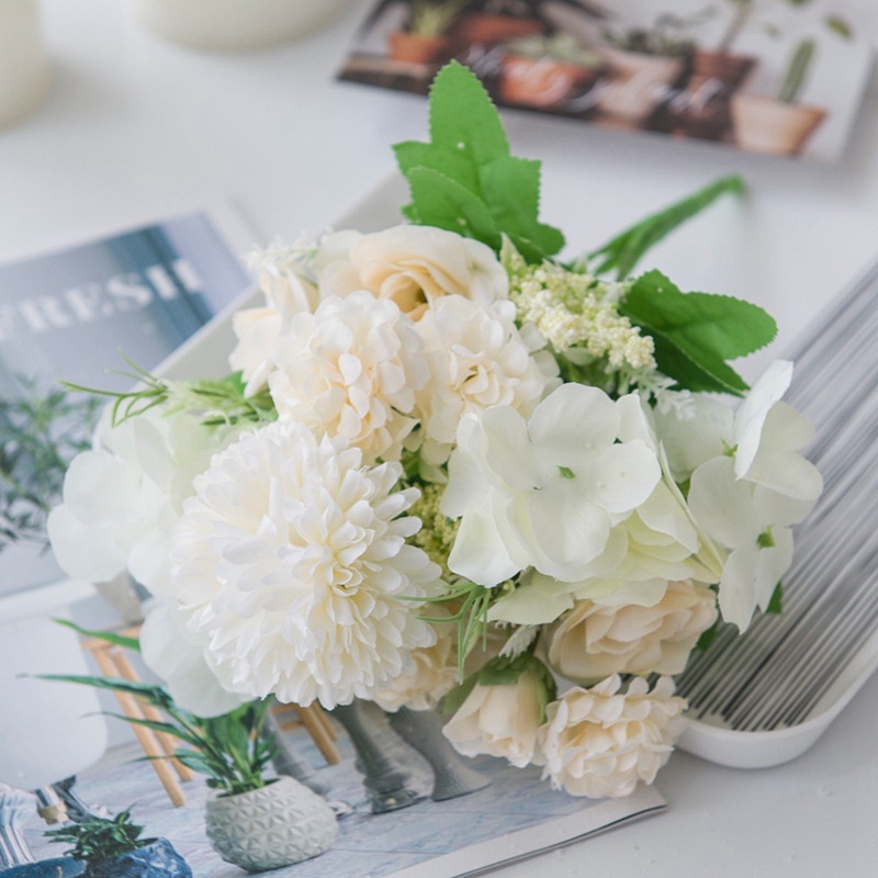 1 bó hoa nhân tạo Silk Rose Hoa hồng cây tú cầu hoa giả décor trang trí nhà hoa giả cao cấp Bó hoa cưới Trang trí nhà cửa quán cafe decor