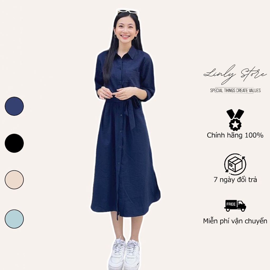 Váy Sơ Mi Dáng Dài Thắt Eo Linly Store Form Suông Vintage V - Smd