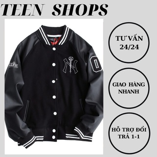 Áo Bomber, Áo Khoác  NY  Thân Nỉ Tay Da Phối Đồ Cực Đẹp Phong  Cách Hàn Quốc