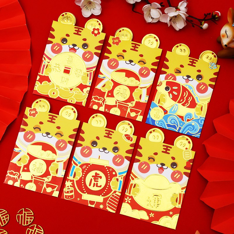 Set 6 bao lì xì hình hổ hoạt hình năm mới 2022