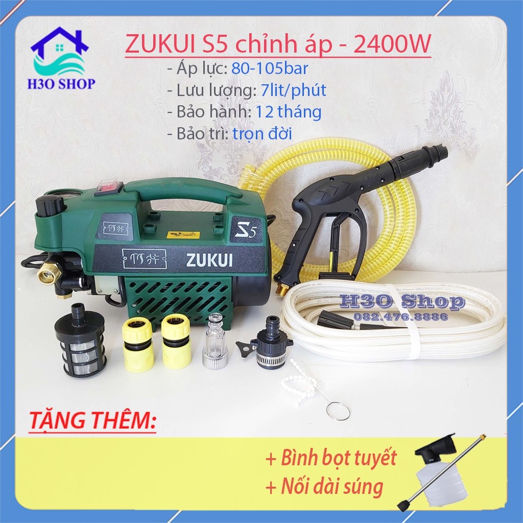 Bộ Máy Rửa Xe Mini ZUKUI S5 màu xanh - 2400W - Có Chức Năng Chỉnh Áp - Tặng bình bọt xà bông