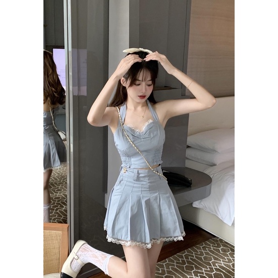 Set Áo croptop buộc dây + Váy xếp ly xoè (taobao)