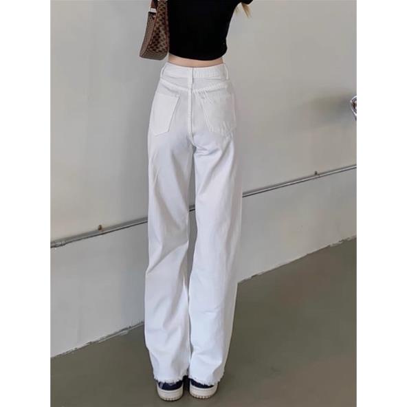 Quần jeans trắng cạp cao chất liệu bò dày đẹp phom suông rộng hack dáng