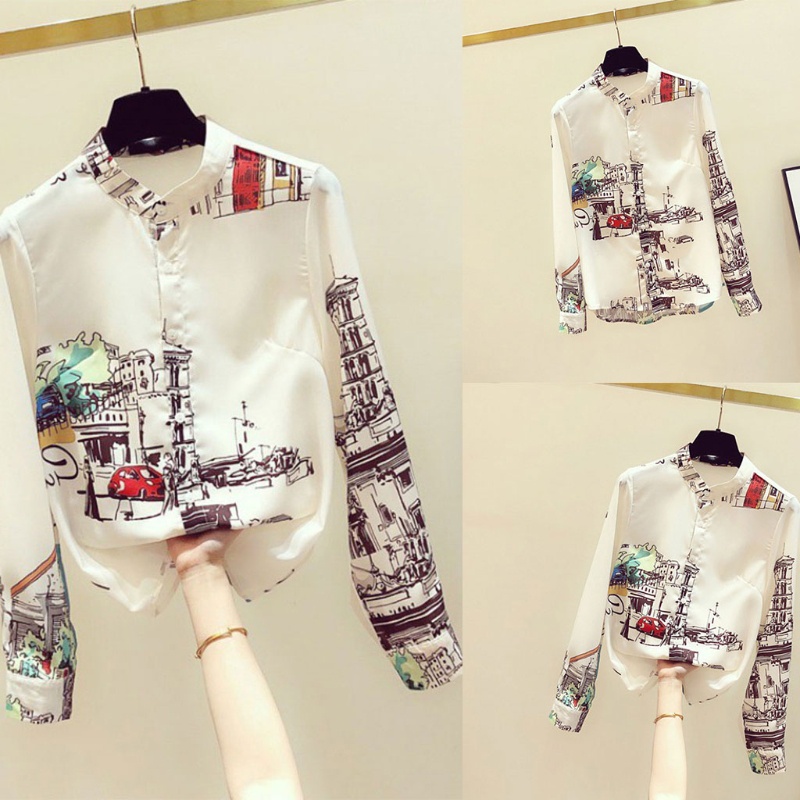 Áo Sơ Mi Tay Dài Cổ Đứng Dáng Rộng In Họa Tiết Vintage Thời Trang Mùa Xuân Cho Nữ