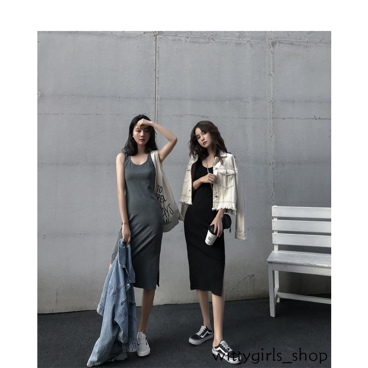 Wittygirls-đầm Dài Hai Dây Xẻ Tà Bên Ngoài Cửa Hàng_Mid Thời Trang Mùa Hè Cho Nữ