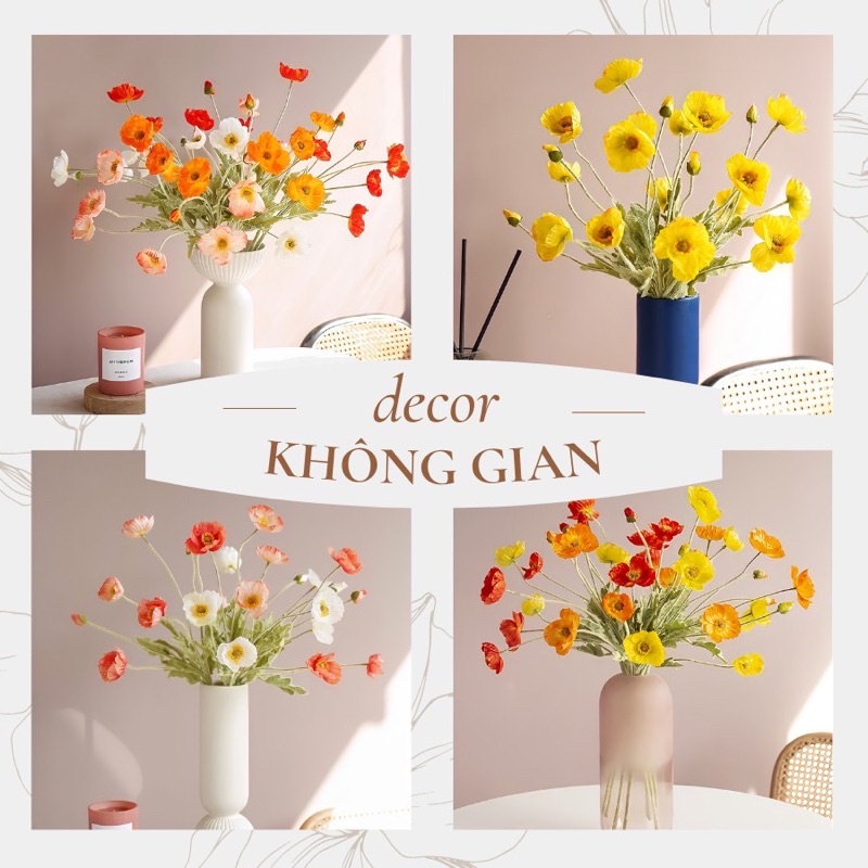 Hoa giả decor - Hoa anh túc 3 bông 1 nụ trang trí phòng để bàn chất liệu vải cao cấp thân phủ lông giống thật