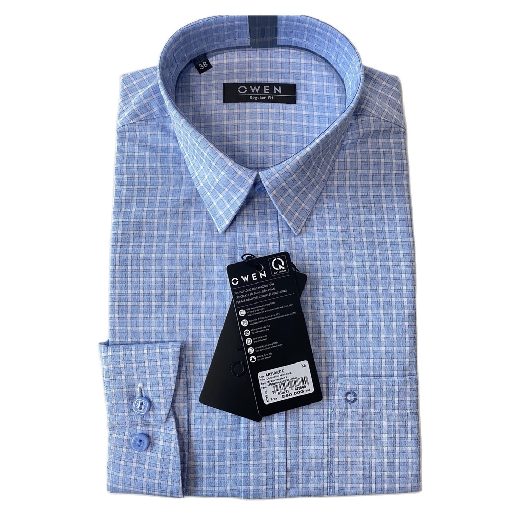 Áo Sơ Mi Nam Tay Dài Owen AR21055DT Dáng Regular Fit Màu Xanh Caro Trắng Vải Sợi Tre | BigBuy360 - bigbuy360.vn
