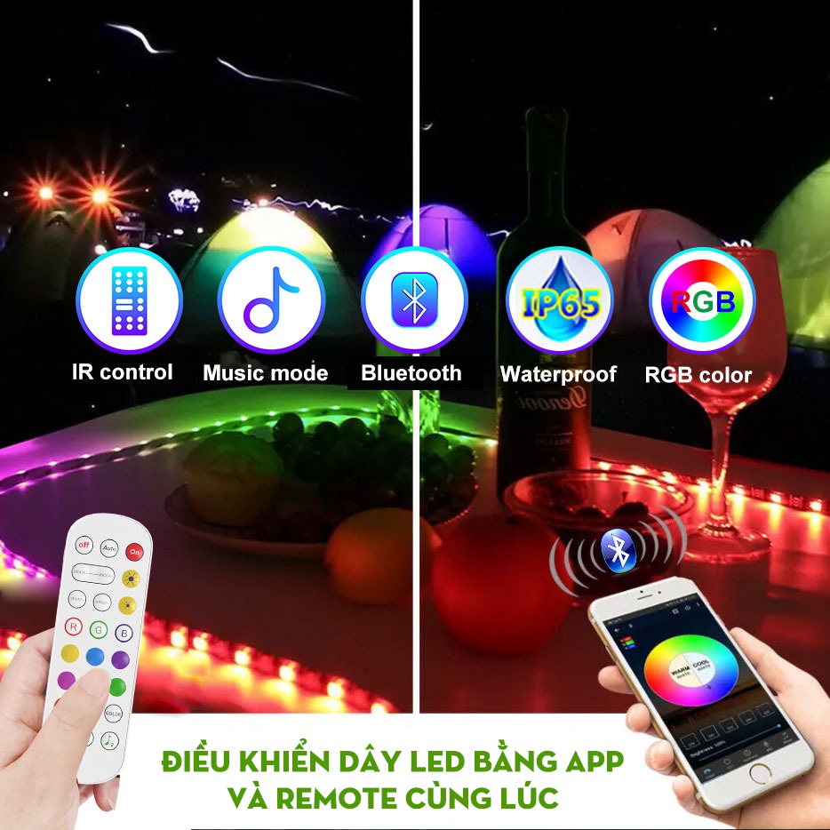 Đèn Led dây RGB 5050 full màu nháy theo nhạc điều khiển bằng App điện thoại qua Bluetooth + remote dài 3m, 5m, 10m