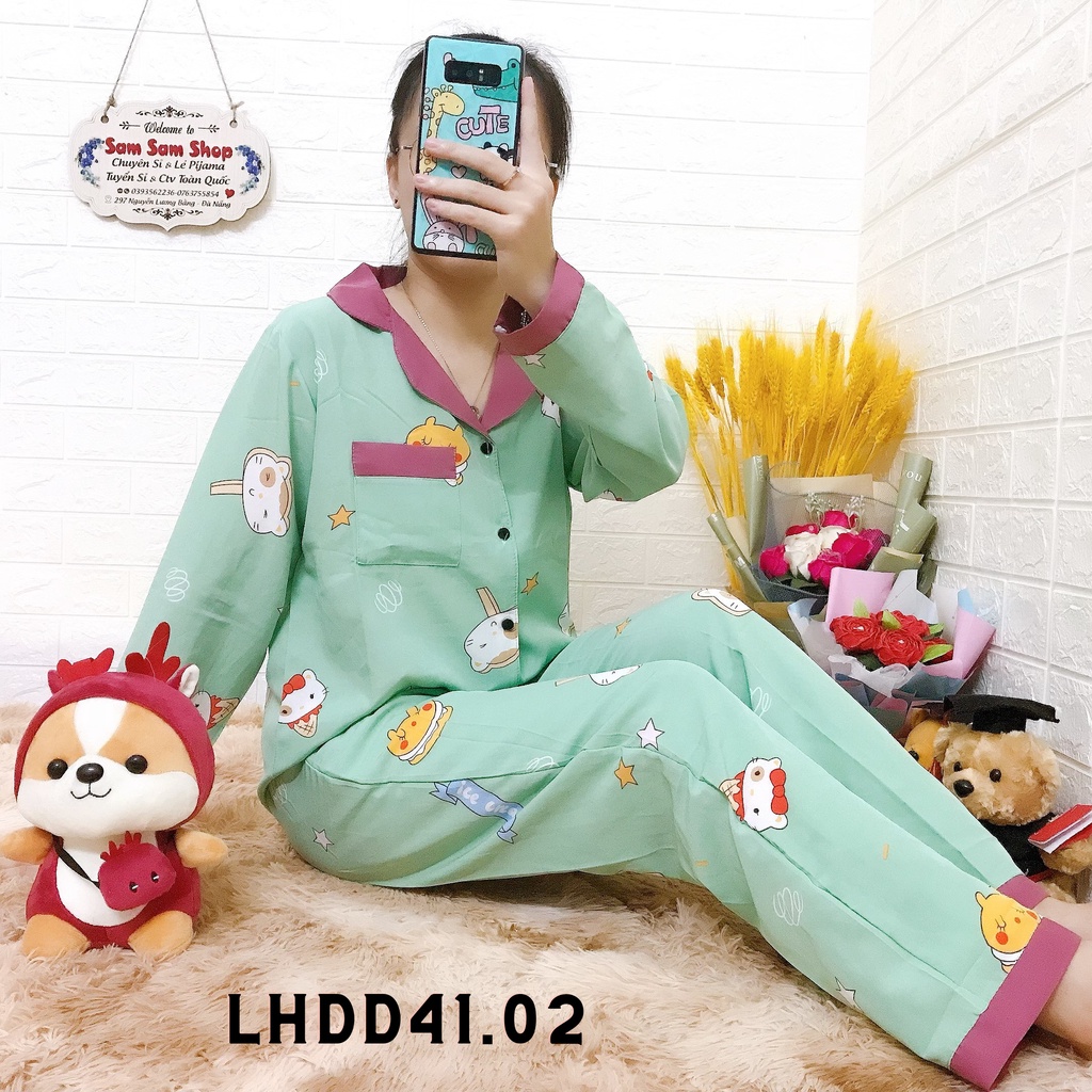 Đồ bộ pijama lụa hàn dưới 50kg, quần áo ngủ nữ mặc nhà áo tay dài quần dài - Sam Sam Shop