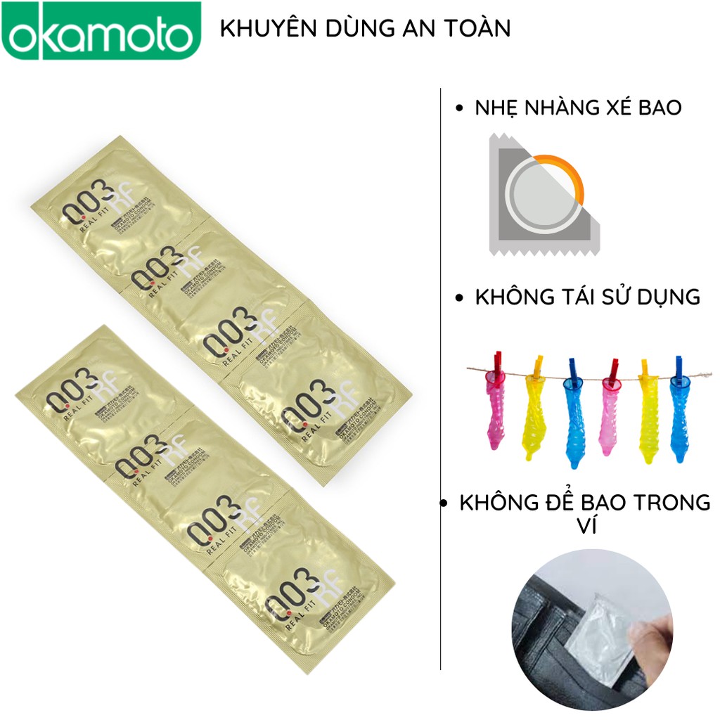 Bao cao su Okamoto 0.03 Real Fit 3 cái/hộp mỏng co rút ôm trọn kéo dài thời gian chống tuột