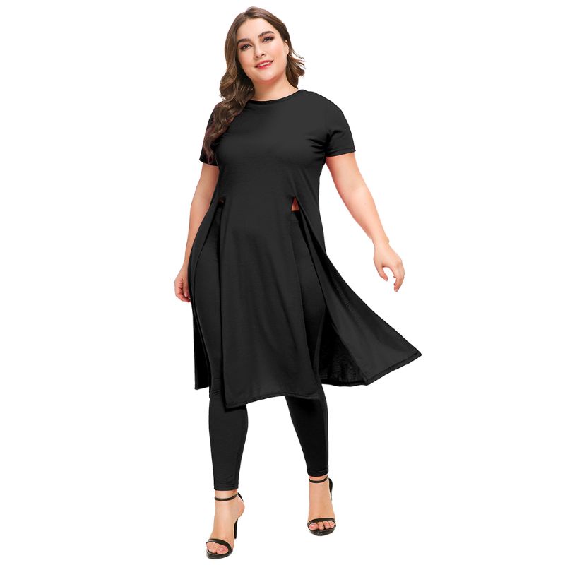 Set Đồ 2 Món Áo Thun Tay Ngắn Phối Quần Dài Xẻ Tà Cỡ Lớn Thời Trang Trẻ Trung Cho Nữ