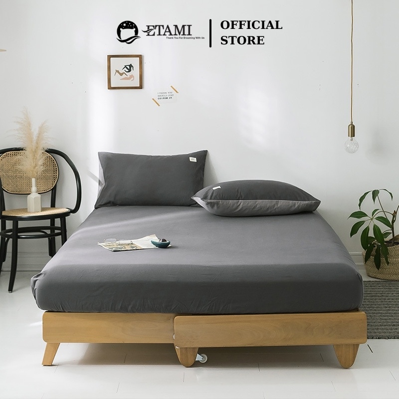 Bộ ga gối cotton tici ETAMI ga trải giường và 2 vỏ gối màu xám đậm miễn phí bo chun cho drap giường ga trải giường T05