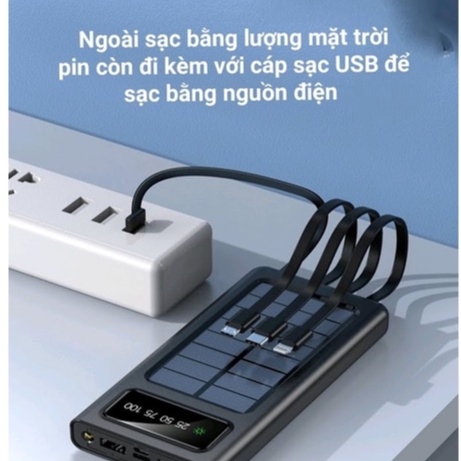 Pin Sạc Dự Phòng Năng Lượng Mặt Trời  20000 mAh Tích Hợp 4 Dây Cáp Sạc