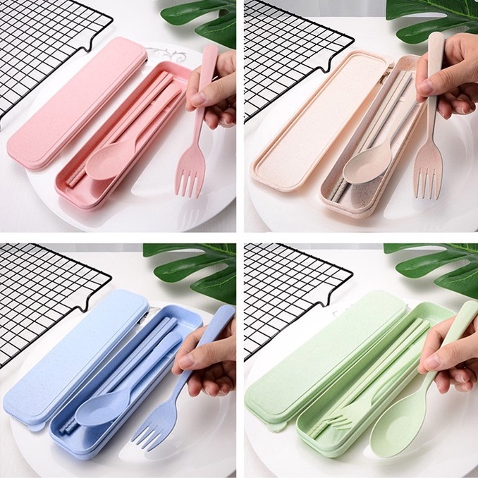 Bộ 3 món thìa, đũa, dĩa lúa mạch an toàn bảo vệ môi trường, bộ dụng cụ ăn trưa văn phòng tiện lợi