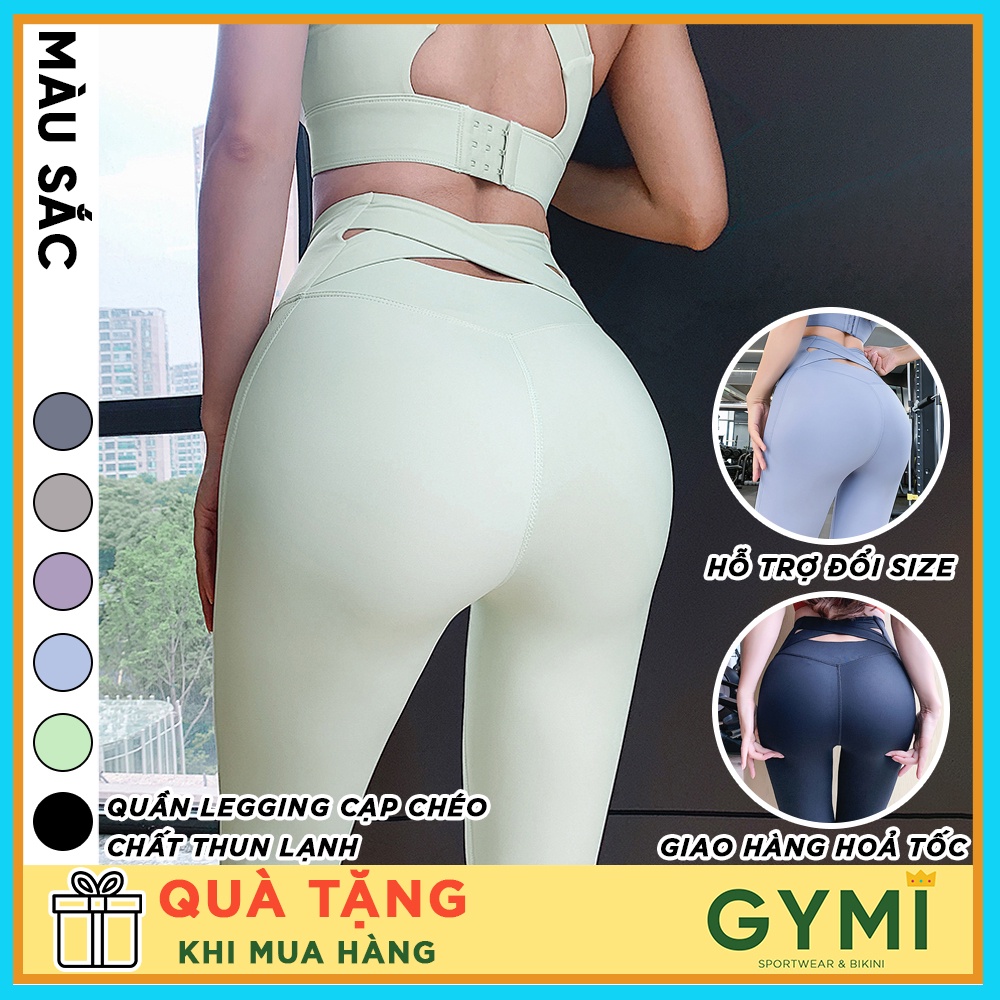 Quần tập gym yoga nữ chất thun lạnh GYMI QD41 dáng legging thể thao cao cấp mịn mát lưng cao chéo co giãn