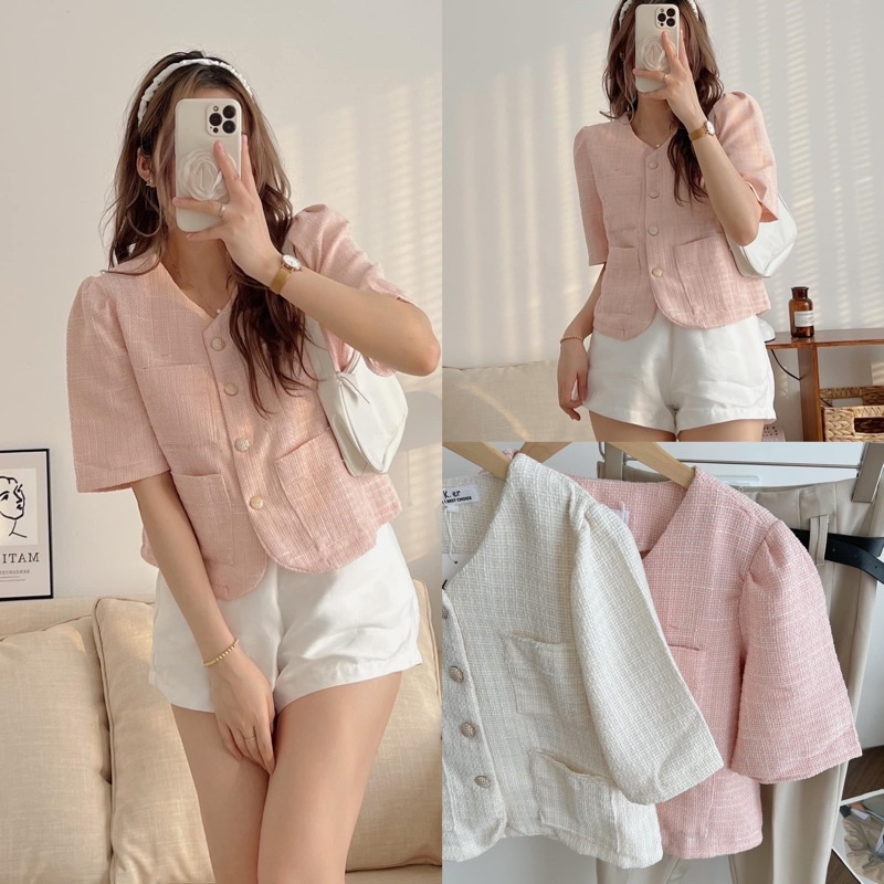 [Ảnh thật/Video]Áo dạ Hồng/Trắng cộc tay cúc ngọc sang chảnh