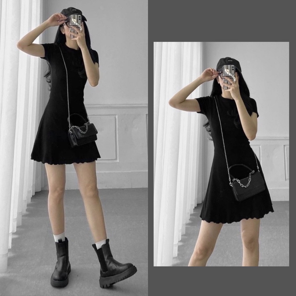 Đầm nữ body đen viền bèo váy ngắn tay dáng ngắn, váy nữ ôm chất thun gân dáng ngắn