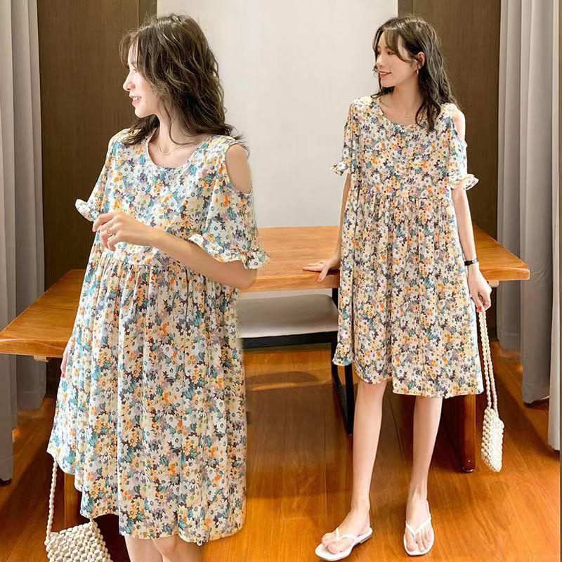 Đầm Chiffon Dáng Rộng Hở Vai In Họa Tiết Hoa Thời Trang Mùa Hè Xinh Xắn Cho Mẹ Bầu