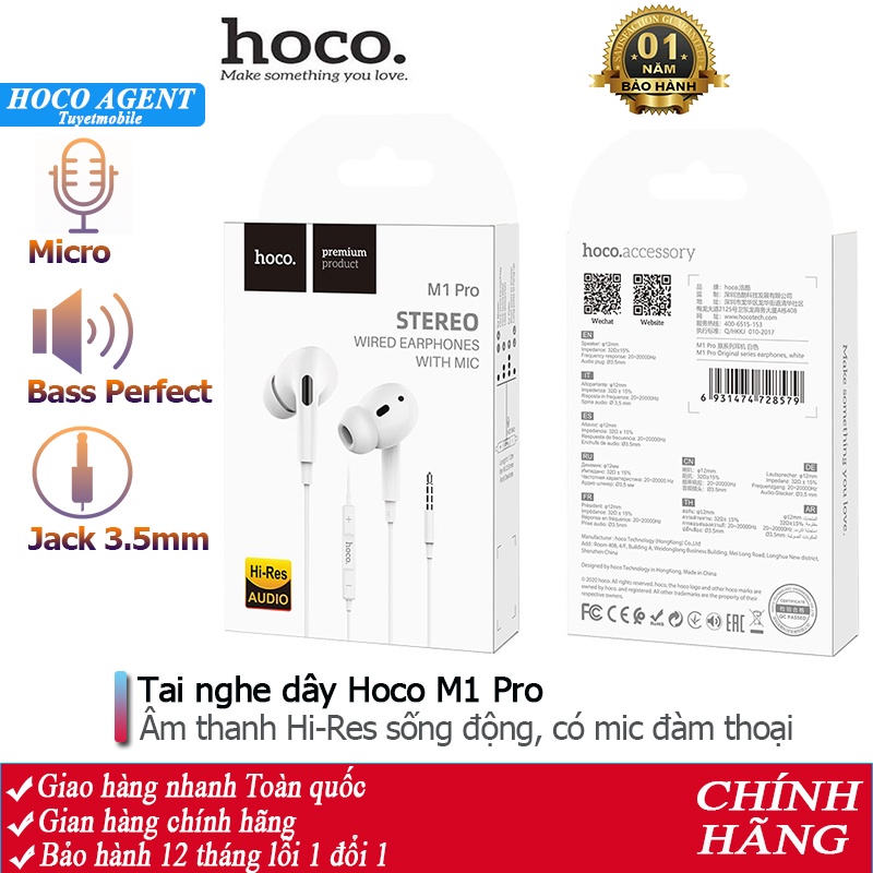 Tai nghe nhét tai Hoco M1 Pro nghe hay có mic đàm thoại, dây dài 1.2m, Jack cắm 3.5mm - Chính hãng