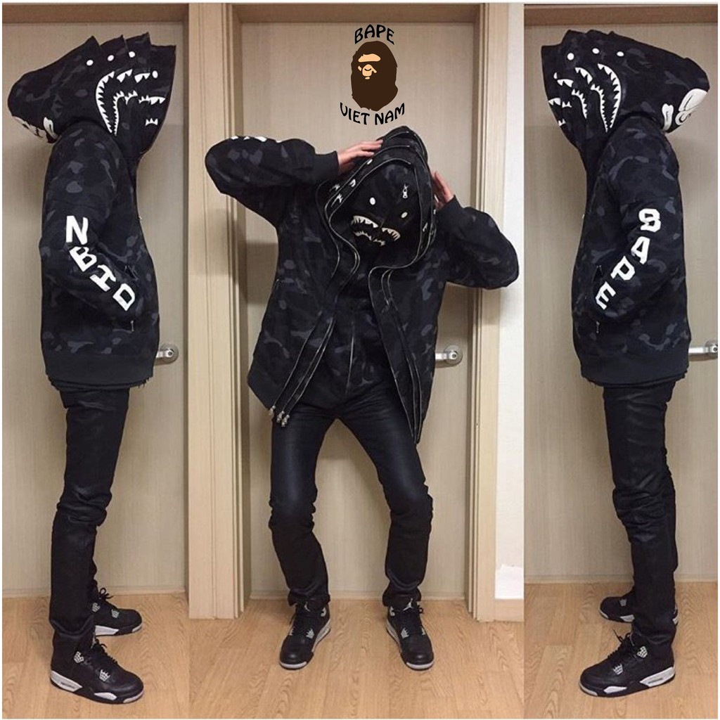 [Ảnh thật + FREESHIP] Jacket Bape Shark x NBHD Camo Black fullzip , Áo Hoodie Bape Cá Ngáo | BigBuy360 - bigbuy360.vn