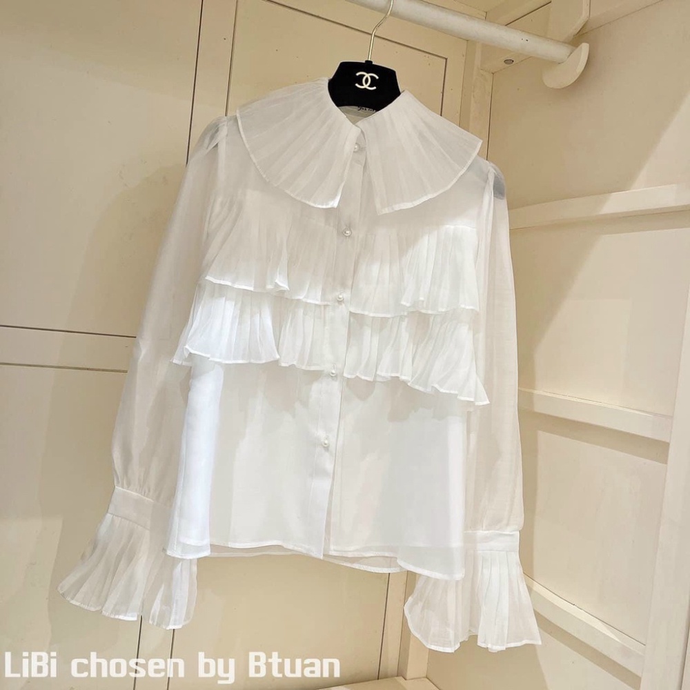 Áo sơ mi nữ công sở dài tay màu trắng đi học sinh cổ bèo tầng dáng rộng - Áo sơ mi vintage_014 nội y xanh chất đẹp giá t