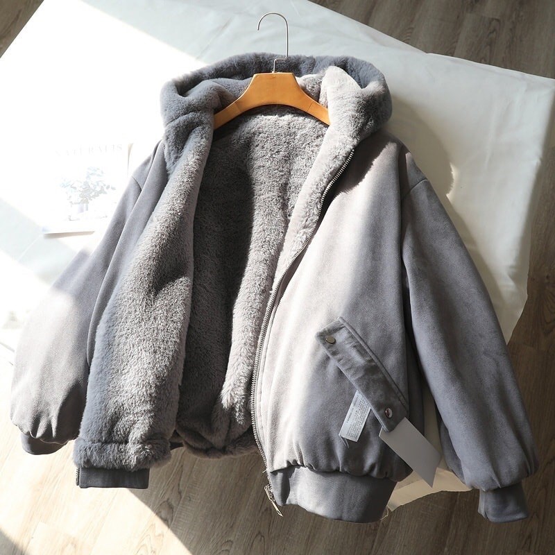Áo khoác bomber nữ mặc được 2 mặt (mặt lông và mặt da lộn) siêu dày, siêu ấm hàng, xuất dư SP000381