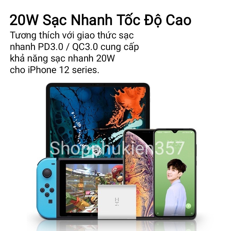 Củ sạc nhanh PD 20W Xiaomi ZMI Hỗ trợ sạc iPhone 12/11/8/iPad/Macbook/Máy tính/Điện thoại khác iphone