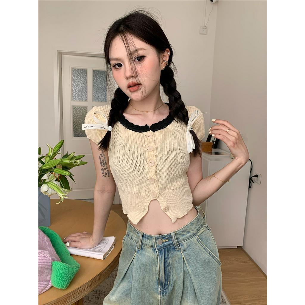 Áo Cardigan Dệt Kim Ngắn Tay Thiết Kế Màu Sắc Tương Phản 61824