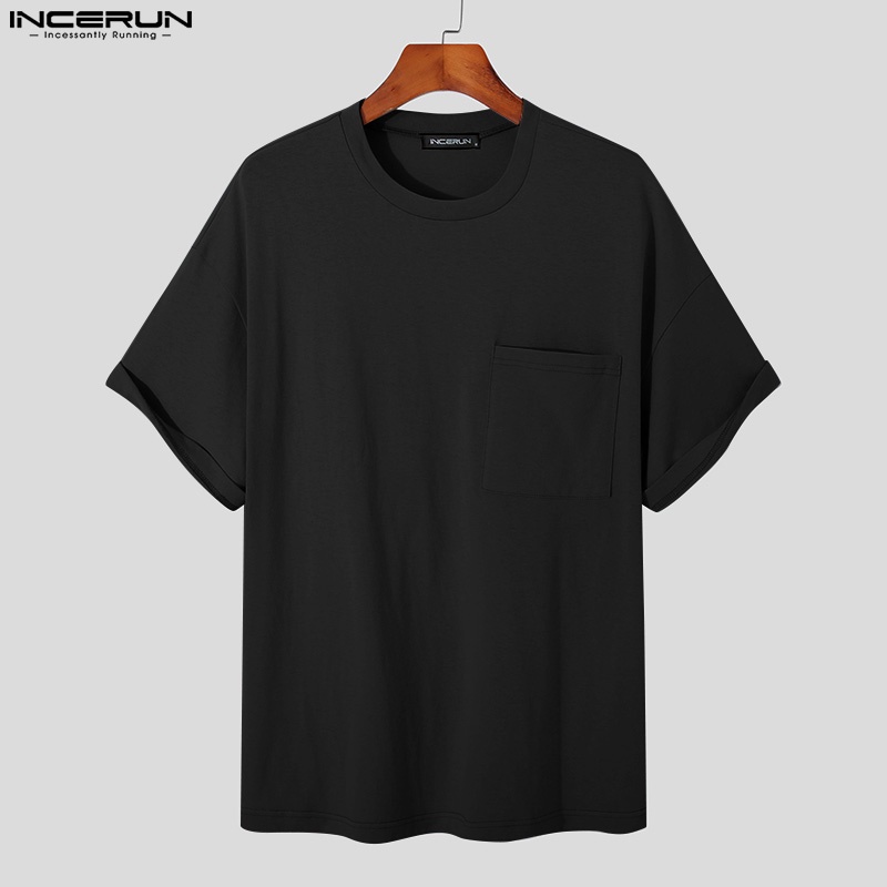 INCERUN Áo Thun Nam Ngắn Tay Cổ Tròn Màu Sắc Đơn Giản Size S-5XL