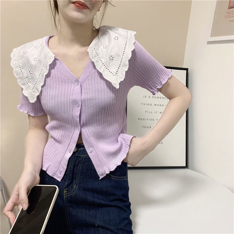 Áo Len Ngắn Tay Cổ Búp Bê Phối Ren Thời Trang Dành Cho Nữ  tao bao
