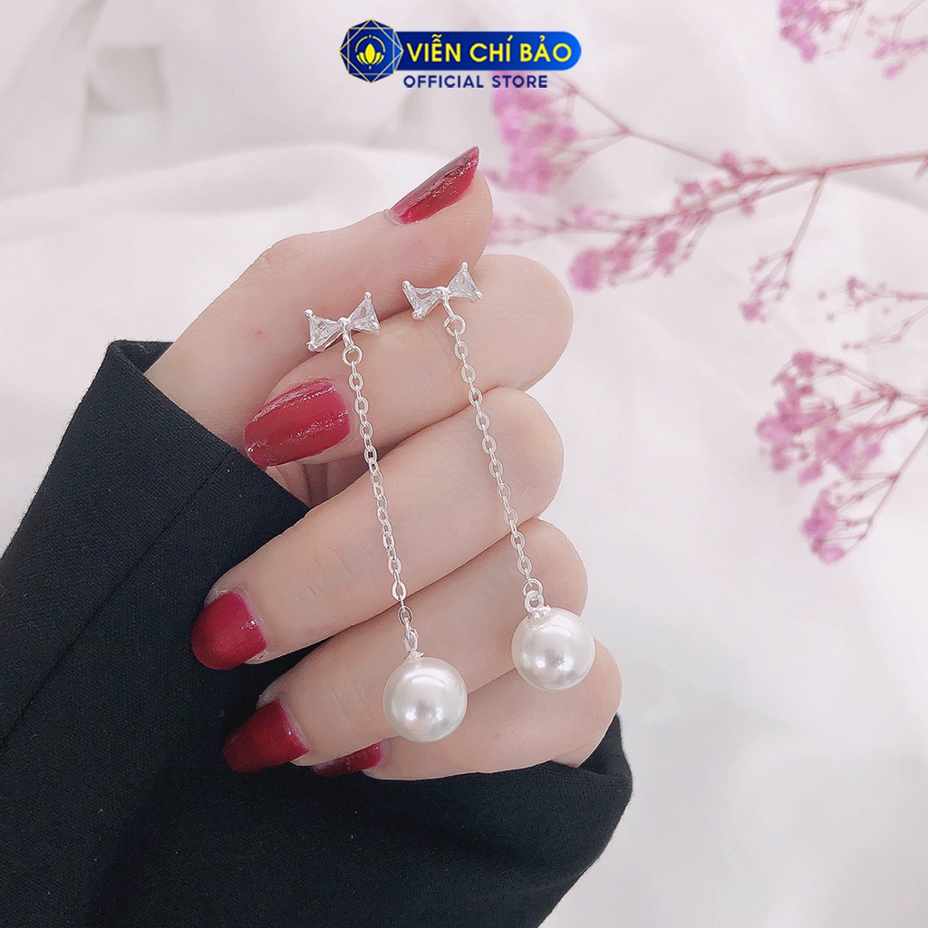 Bông tai bạc nữ Trái châu hình nơ đính đá chất liệu bạc 925 thời trang phụ kiện trang sức nữ Viễn Chí Bảo B400502