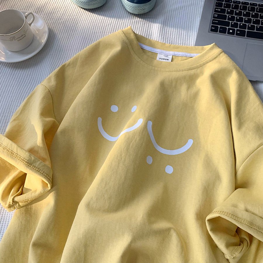 Áo thun tay lỡ form rộng in hình mặt cười so cute chất cotton mịn mát dành cho cả nam và nữ