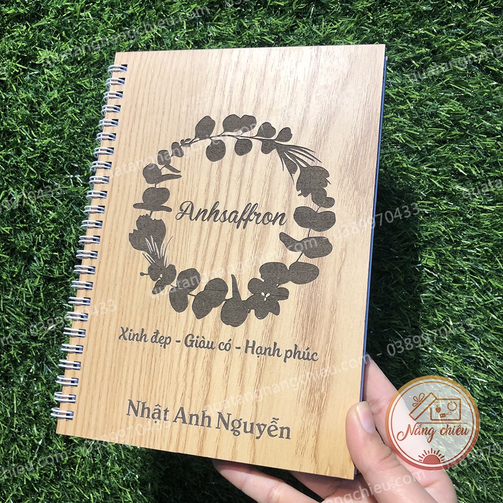 Sổ tay handmade làm quà tặng người thân - Sổ bìa gỗ cứng thiết kế và khắc tên theo yêu cầu