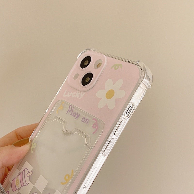 Ốp lưng iphone mềm dẻo trong suốt có thể đựng hình hoặc card hình bông hoa cúc màu hồng baby