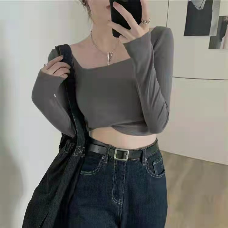 Áo Croptop Tay Dài Cổ Vuông Màu Trơn Co Giãn Phong Cách Hàn Quốc 3 Màu Tùy Chọn