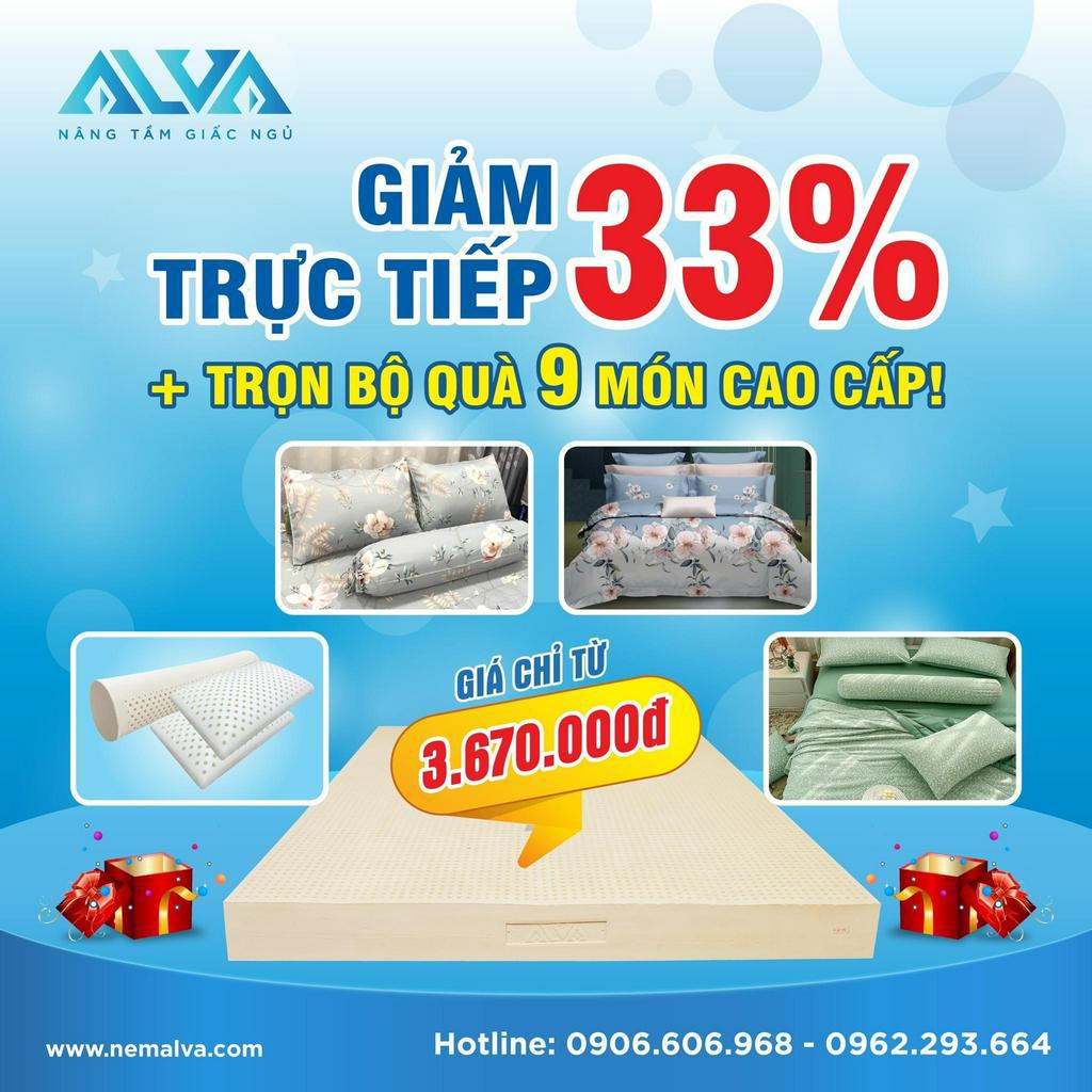 Nệm 100% cao su thiên nhiên Alva Standard màu trắng 1 mặt lỗ, khuyến mãi giảm giá cực sốc kèm bộ quà tặng hấp dẫn