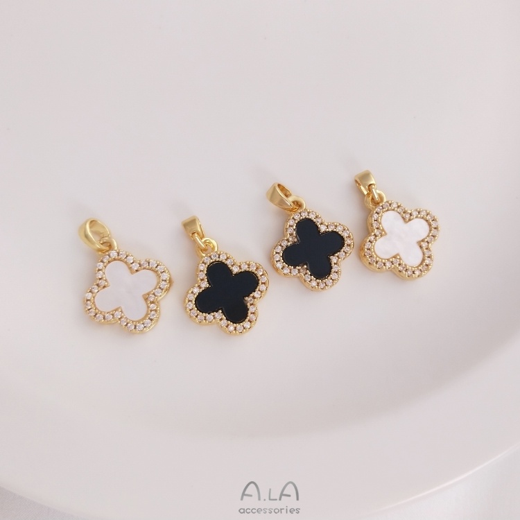 █A.ιA゜14K Vàng●〔 1 Cái〕°Mặt Dây Chuyền Hình Cỏ Bốn Lá Màu Đen Trắng 18K Đính Đá Zircon