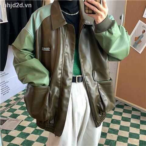 Áo khoác da C2 dáng rộng ghép nối màu nổi thời trang thu đông Mỹ 2021 cổ điển làm tại nhà cho nam và nữ