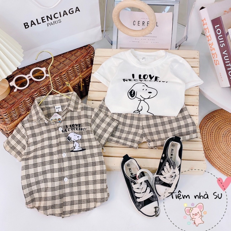 Sale bỏ mẫu - Bộ đồ cho bé trai 3 chi tiết in hình chó Snoopy cực đáng yêu (08-18kg) - TIỆM NHÀ SU