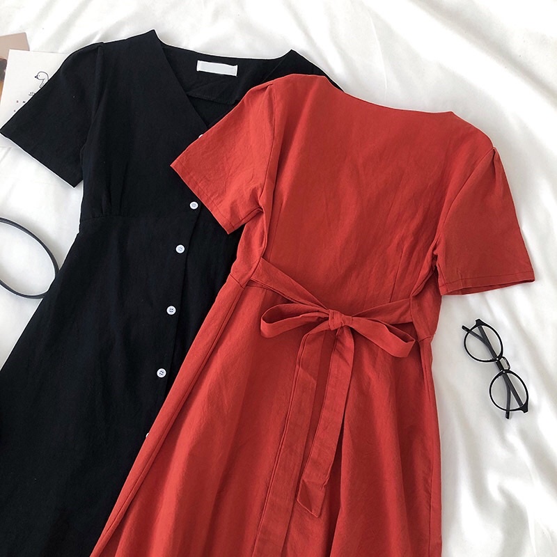 Váy nữ ngắn tay có dây thắt sau lưng, chất đũi thô