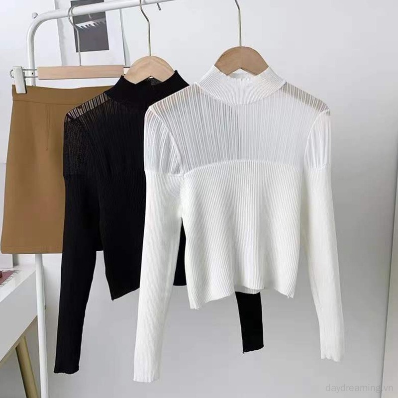 Áo Croptop Tay Dài Cổ Lọ Phối Màu Thời Trang Cho Nữ