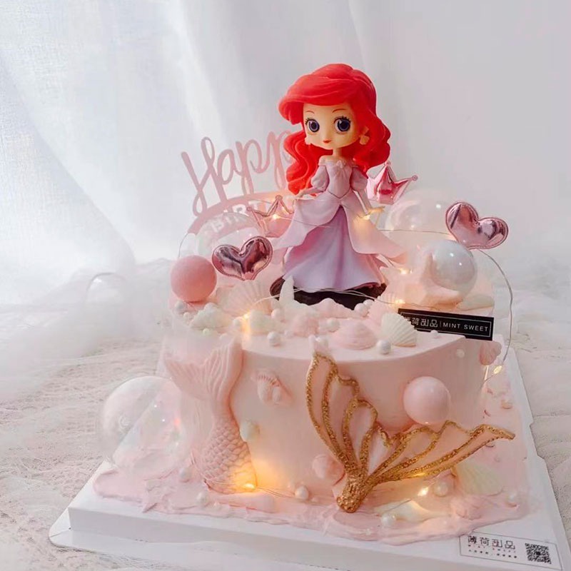 Trang trí tiên cá váy hồng tóc đỏ nhựa