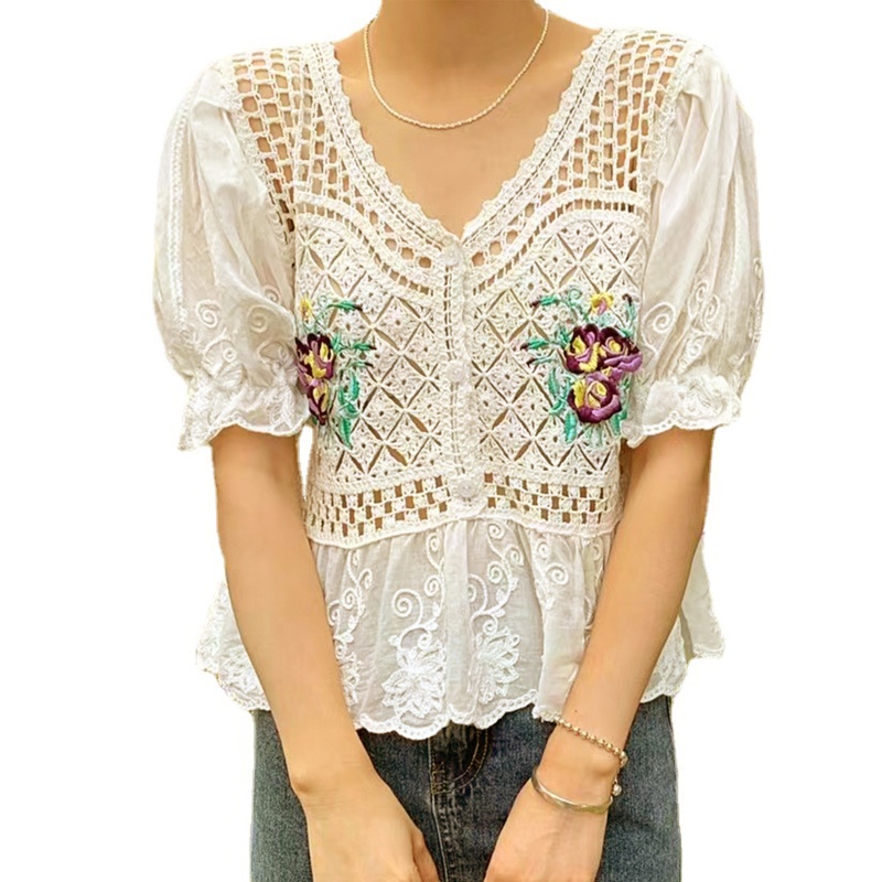 Áo Kiểu Tay Phồng Cổ Chữ V Thêu Họa Tiết Hoa Phong Cách Pháp Thời Trang Mùa Hè Cho Nữ