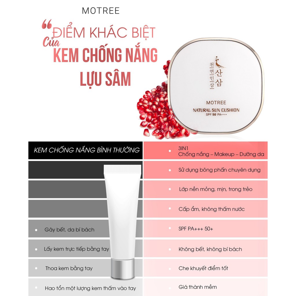 CUSHION Chống Nắng LỰU SÂM - Cushion Motree Phấn Phủ dưỡng da che khuyết điểm SPF 50+ PA+++ | BigBuy360 - bigbuy360.vn