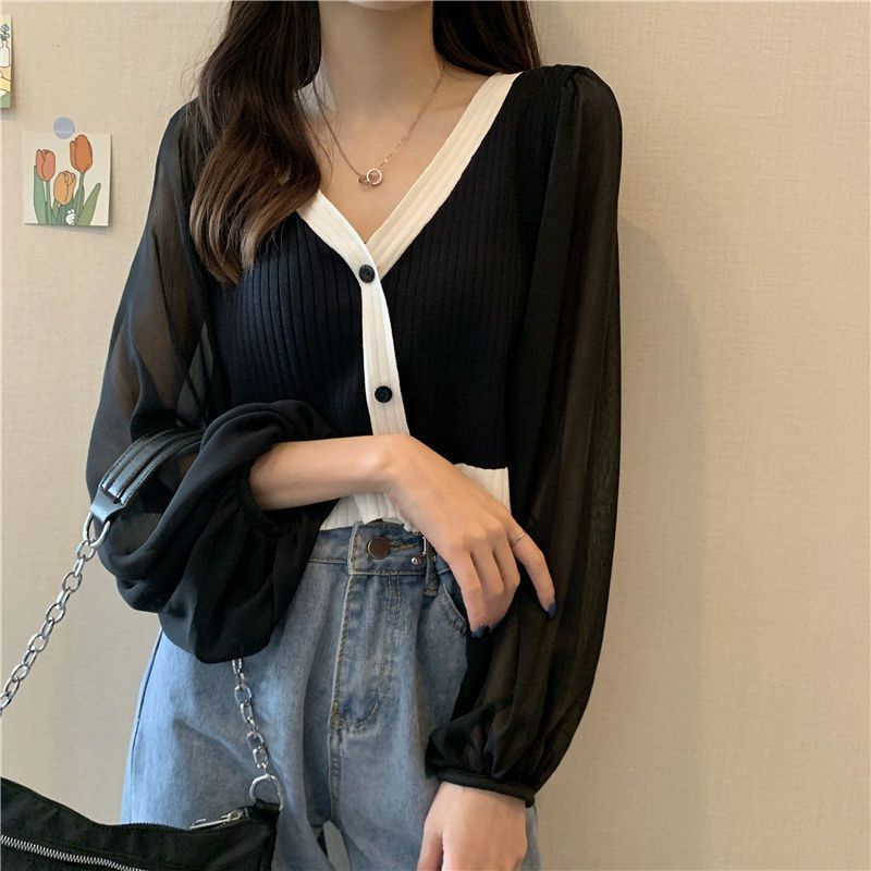 Áo Cardigan Dệt Kim Tay Dài Phồng Cổ Chữ V Màu Sắc Tương Phản Thời Trang Mùa Thu Phong Cách Hàn Quốc Cho Nữ 210914 | WebRaoVat - webraovat.net.vn