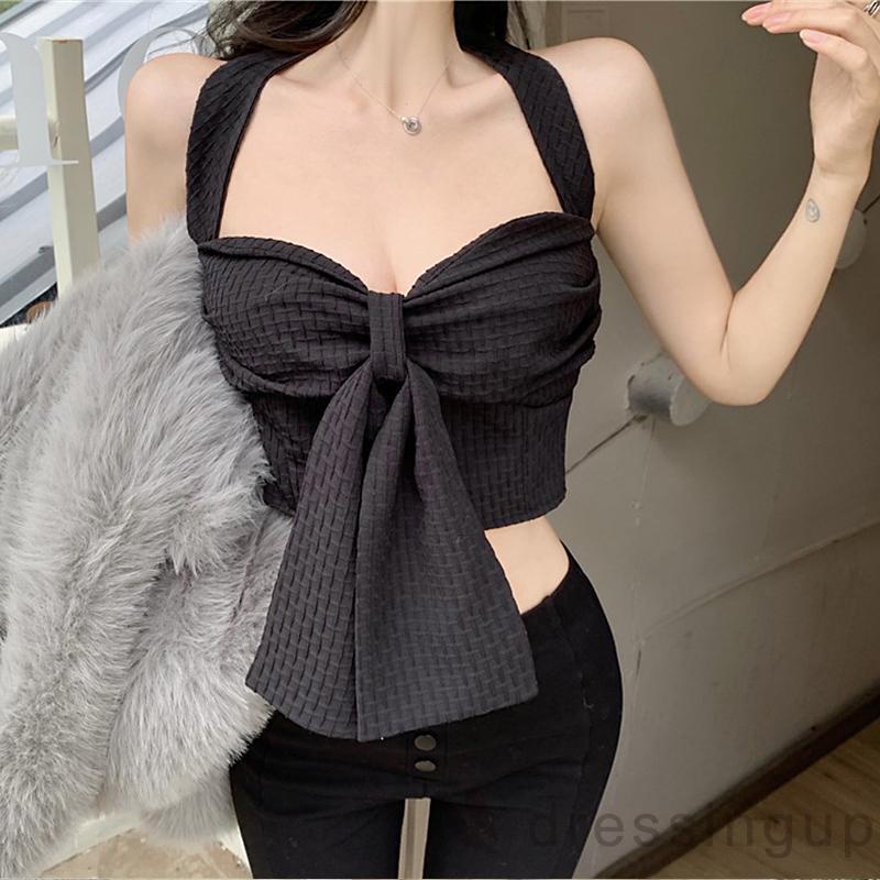 DRE-Women’s Casual Halter Tank Tops,Fashion Solid Color Bow V-neck Backless Exposed Navel Camisole