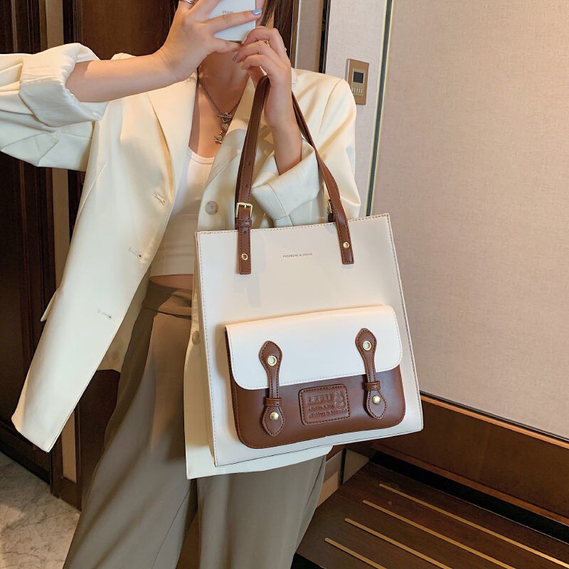 Túi tote da đeo vai có ngăn túi nhỏ trước style ullzang Hàn Quốc P107