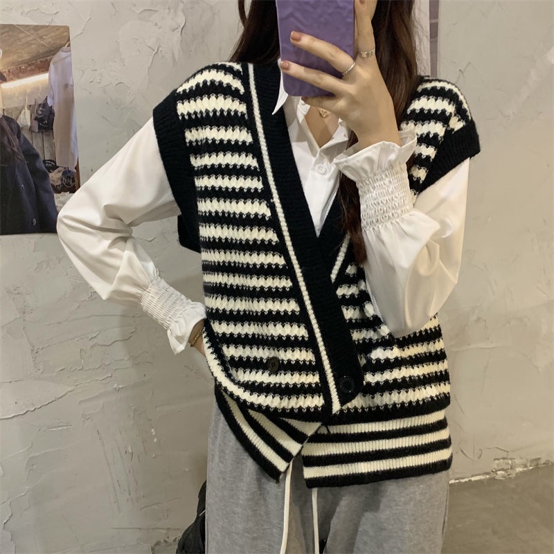 Áo dệt kim Perty sát nách kẻ sọc thời trang mùa thu phong cách Hàn Quốc cho nữ